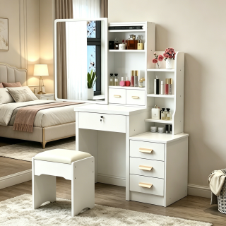 The Bedroom Dressing Table with Mirror is a stylish and practical furniture piece designed to bring elegance, convenience, and organization to your bedroom. Featuring a spacious tabletop, a high-quality mirror, and multiple storage drawers, this dressing table creates the perfect space for makeup application, skincare routines, hairstyling, and everyday grooming. Crafted from premium-quality engineered wood and finished with a smooth, durable surface, this dressing table is built for long-lasting performance. The large mirror provides a clear reflection for your daily beauty routine, while the spacious tabletop accommodates cosmetics, perfumes, jewelry, skincare products, and decorative accessories. Multiple drawers offer convenient storage to keep your essentials organized and within easy reach. Its modern design blends effortlessly with contemporary, minimalist, Scandinavian, and classic bedroom décor. Whether placed in a master bedroom, guest room, apartment, or dressing area, this vanity table enhances both functionality and the overall aesthetic of your living space. The compact yet spacious design makes it suitable for bedrooms of all sizes, helping you maintain a tidy and organized environment while adding a touch of luxury and sophistication. Key Features Large built-in mirror for daily grooming Spacious tabletop for cosmetics and accessories Multiple storage drawers for organized storage Durable engineered wood construction Smooth, scratch-resistant, and easy-to-clean finish Modern and elegant bedroom design Space-saving layout suitable for compact rooms Ideal for makeup, skincare, and hairstyling Strong and stable construction Perfect for bedrooms, apartments, and dressing areas