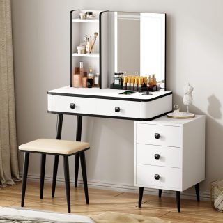 The Home Modern Bedroom Dressing Table is a stylish and functional furniture piece designed to elevate your bedroom space while providing a dedicated area for grooming, makeup, and personal organization. With its sleek modern design, it blends perfectly with contemporary, minimalist, and elegant bedroom interiors. Crafted with durable materials, this dressing table offers long-lasting strength and stability for everyday use. It features a spacious tabletop that comfortably holds cosmetics, perfumes, skincare products, and personal accessories, while drawers or compartments (depending on design) help keep items neatly organized and easily accessible. Its smooth finish and modern structure make it not only a practical utility item but also a decorative addition to your bedroom. The matching mirror enhances convenience, offering a clear reflection for makeup application, grooming, and styling. Ideal for bedrooms, apartments, guest rooms, and modern homes, this dressing table maximizes both style and functionality while saving space. Whether used for daily routines or as a décor focal point, it brings elegance and order to your personal space. Key Features Modern and elegant bedroom design Durable and long-lasting construction Spacious tabletop for cosmetics and accessories Built-in storage drawers/compartments Matching mirror for grooming and makeup Space-saving compact design Smooth, easy-to-clean surface Suitable for modern homes and apartments Functional and decorative furniture piece Perfect for daily personal care routines
