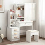 Vanity Dressing Table with LED The Vanity Dressing Table with LED is a stylish choice for modern bedrooms and dressing areas. It combines a mirror, a tabletop, and LED lights to create a useful space for daily grooming. The lights brighten the mirror area, making it easier to apply makeup and style your hair. The tabletop also provides space for perfumes, brushes, skincare products, and other beauty items. Additionally, its modern design adds beauty to your bedroom. You can pair it with a dressing stool, bedroom wardrobe, or matching furniture for a complete look. Whether you are getting ready for work or preparing for a special event, this dressing table makes your routine easier. It is suitable for bedrooms, apartments, and personal dressing spaces. The Vanity Dressing Table with LED helps keep your beauty products neat and easy to reach. Its illuminated mirror provides extra light for makeup and skincare routines. Depending on the model, it may include drawers, shelves, and adjustable lighting settings. These features help you organise your cosmetics and accessories. Before buying, check the table size, mirror dimensions, storage space, and power requirements. Make sure it fits well in your bedroom and has access to a suitable power source. You can clean the mirror with a suitable glass cleaner and wipe the table with a soft cloth. Also, follow the manufacturer's instructions when caring for the LED lights. If you want a dressing space that combines lighting, storage, and modern style, this vanity table is a practical addition to your home. - LED Mirror Lighting: Brightens the dressing area for daily grooming. - Useful Tabletop: Holds makeup, perfumes, and skincare products. - Storage Space: Helps organise beauty items and accessories. - Modern Design: Complements contemporary bedroom furniture. - Multiple Uses: Suitable for makeup, skincare, and hairstyling. - Easy Cleaning: Wipe surfaces with suitable cleaning products.